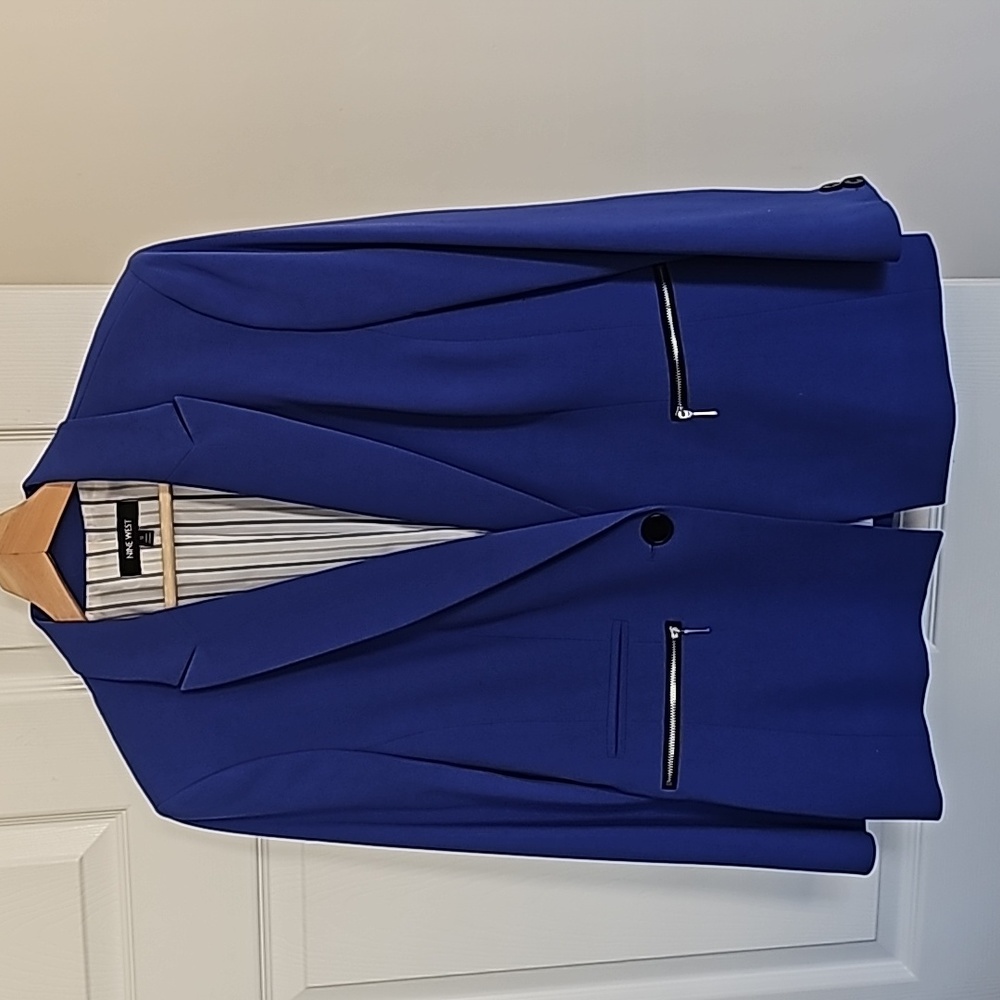 NINE WEST Blue single button long blue bkazer with zippered pockets size 14 NWOT